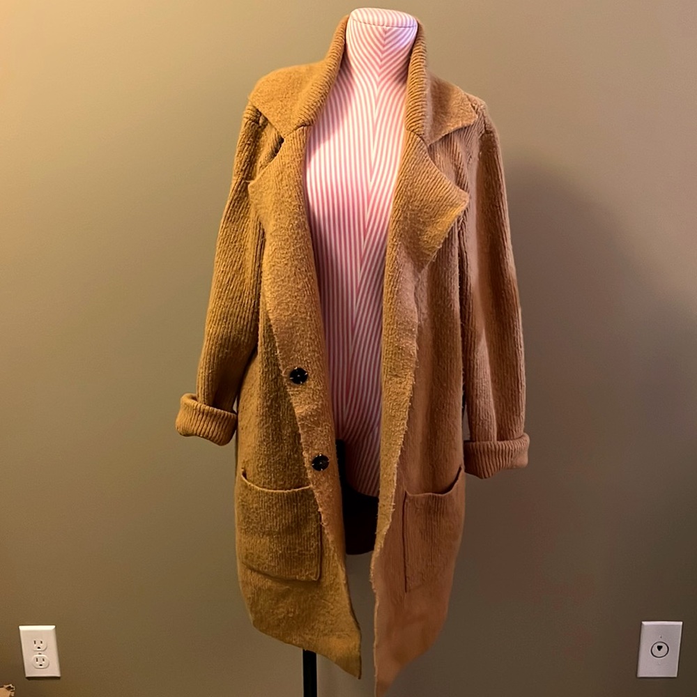 BP Acrylic Orange Camel Sweater Duster w Lapels - M